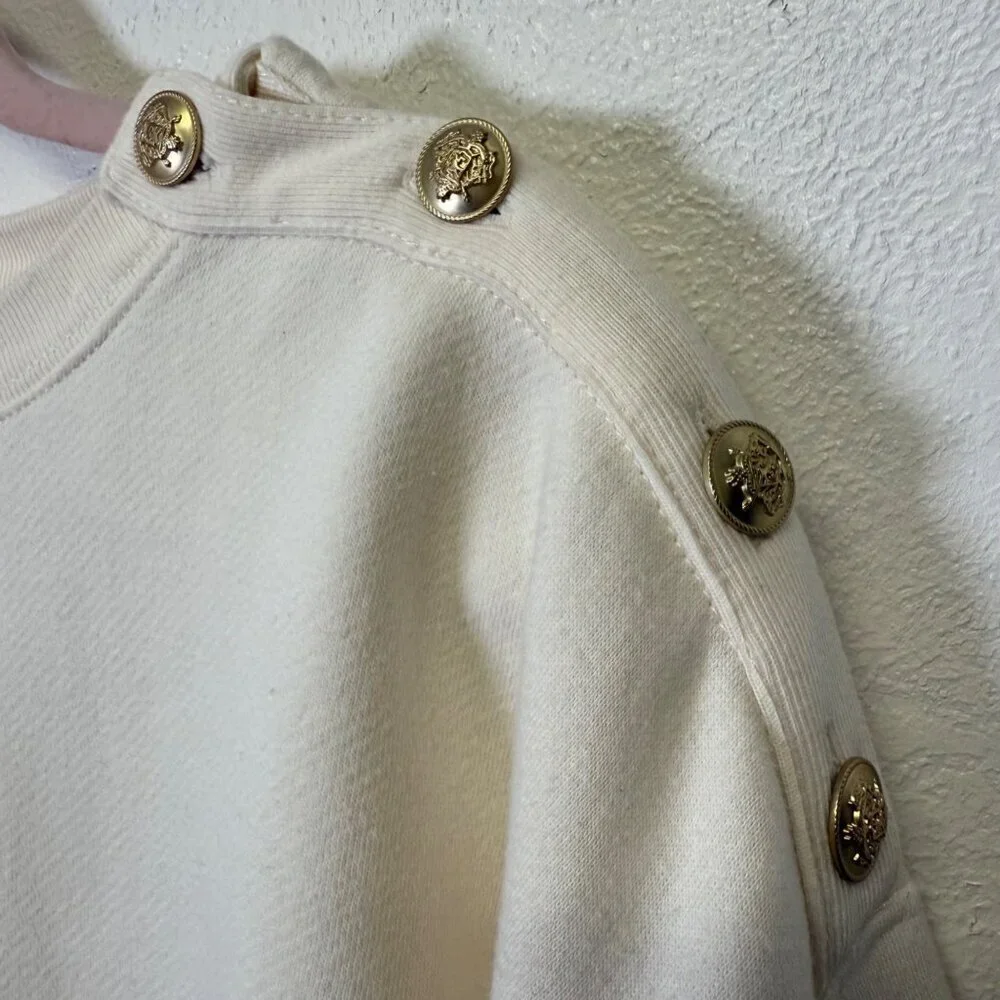 J. Crew Sweatshirt Womens XL Beige Cream Heritage Cropped Gold Buttons Oversized